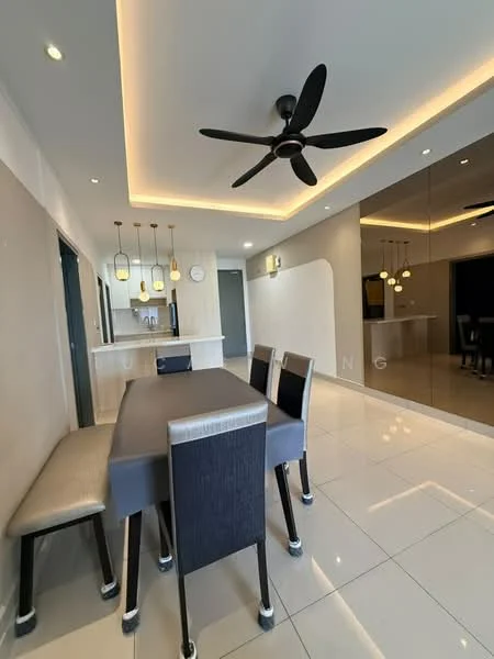 Dining features: dining table with grey surface, 4 upholstered dining chairs, 5-blade ceiling fan with light, recessed LED downlights, white walls, glossy tile flooring, mirrored wall, open layout to kitchen, pendant lighting above table; style: modern. Kitchen features: kitchen island, white cabinetry, stainless-steel appliances, open layout to dining area; style: modern.