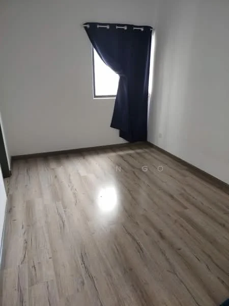 Room features: laminate flooring, white painted walls, single window with dark blue curtain, no visible furniture, neutral color scheme; style: minimalist.