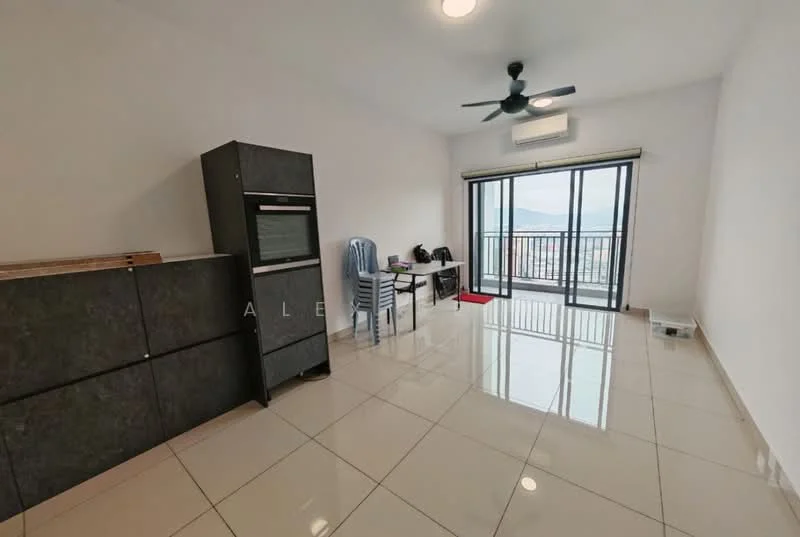 Living features: white painted walls, glossy tile flooring, 5-blade ceiling fan with light, floor-to-ceiling windows, sliding glass door, black cabinet, blue plastic chairs, small table, air conditioning unit; style: modern; view: mountain.