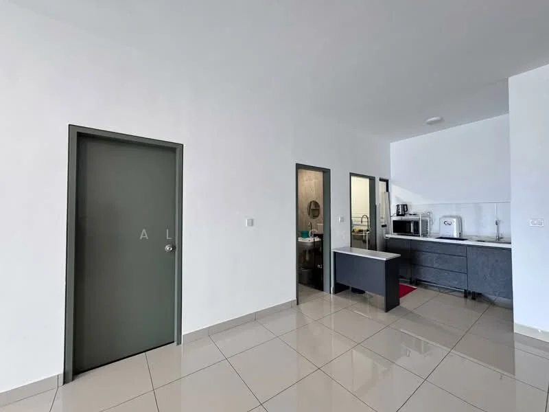 Room features: white painted walls, glossy tile flooring, grey door, two glass-panel doors, kitchen cabinetry, kitchen countertop, built-in appliances, recessed ceiling lights; style: modern.