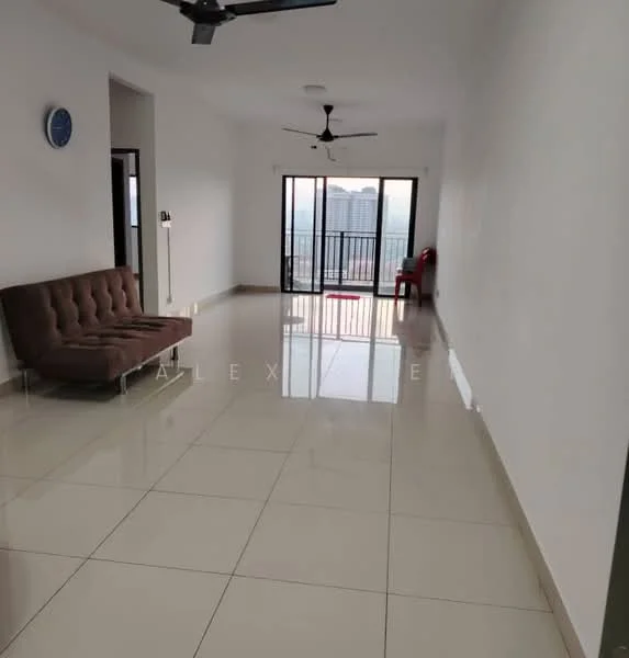 Living features: white painted walls, glossy ceramic tile flooring, 5-blade ceiling fan, large sliding glass door, floor-to-ceiling windows, brown fabric sofa, red plastic chair, wall clock, recessed downlights; style: modern; view: city.