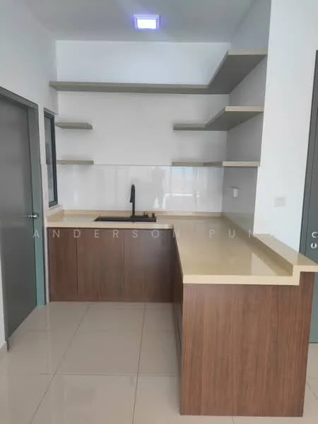 Kitchen features: brown wooden cabinetry, light-colored countertop, black single-bowl sink, black gooseneck faucet, open shelving, white tiled backsplash, ceramic tile flooring, recessed ceiling lights; style: modern.