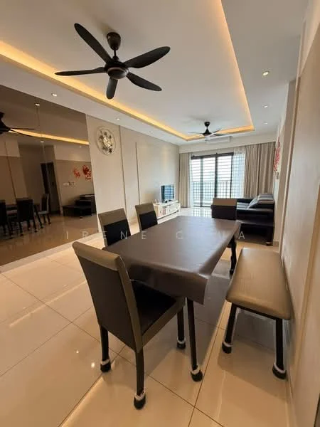 Dining features: 6-seater dining table, black dining chairs, bench seating, ceiling with recessed lighting, 2-blade ceiling fan, white walls, glossy tile flooring, large mirror on wall, curtains on windows, open layout to living area; style: modern. Living features: sofa, coffee table, TV console, wall-mounted TV, curtains on windows, ceiling with recessed lighting, 2-blade ceiling fan, open layout to dining area; style: modern.