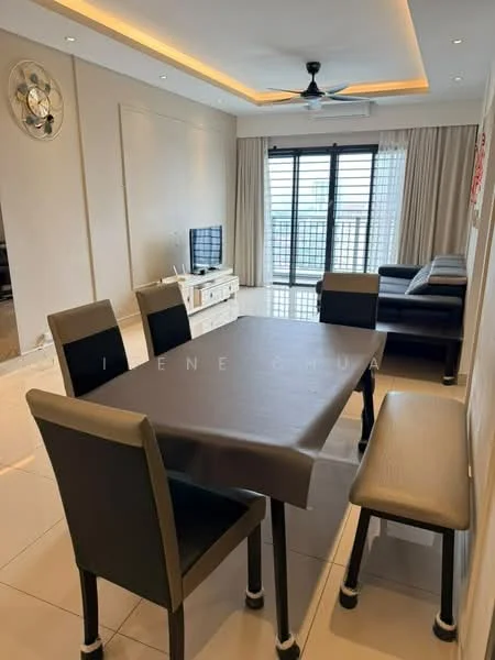 Dining features: 6-seater dining table, black tablecloth, 4 upholstered dining chairs in black, 2 bench seats, floor-to-ceiling windows, curtains, wall-mounted TV, light-colored walls, recessed ceiling lights, ceiling fan with light, tile flooring, decorative wall clock; style: modern; view: city. Living features: L-shape sectional sofa in dark color, coffee table, TV console, area rug, light-colored walls, recessed ceiling lights, tile flooring; style: modern; view: city.