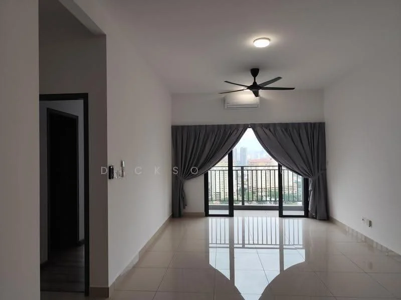 Living features: white painted walls, glossy tile flooring, 5-blade ceiling fan with light, floor-to-ceiling windows, grey curtains, balcony access, air conditioning unit; style: modern; view: city.