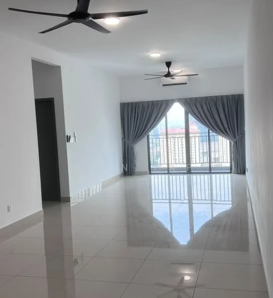 Living features: white painted walls, glossy ceramic tile flooring, 2 ceiling fans with integrated LED lights, floor-to-ceiling windows, grey curtains, balcony access, natural light, open layout; style: modern; view: city.