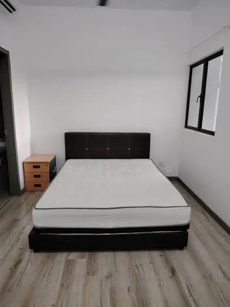 Bedroom features: queen-size bed, wooden bed frame, mattress without bedding, nightstand with drawers, laminate flooring, white painted walls, window with black frame, ceiling fan; style: modern.