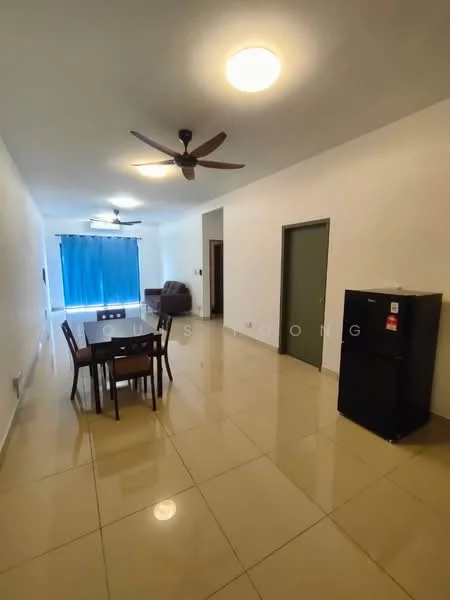 Living features: cream painted walls, glossy tile flooring, 5-blade ceiling fan, round ceiling light, dining table with 4 chairs, black refrigerator, blue curtains, sofa, doorway to another room; style: modern.