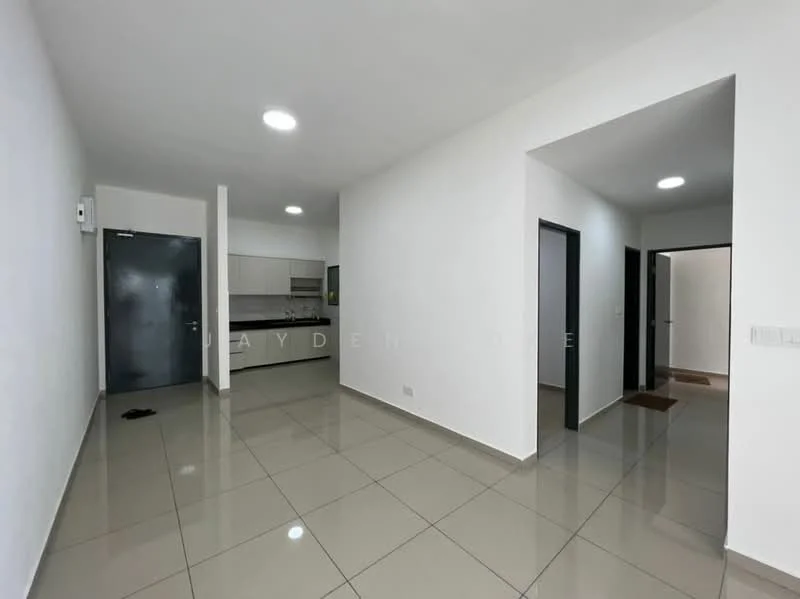 Room features: white painted walls, glossy ceramic tile flooring, recessed downlights, open layout, kitchen area visible, doorway leading to another room, doorway leading to hallway, neutral color scheme; style: modern.