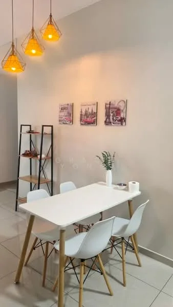 Dining features: white dining table, 4 white dining chairs, pendant lighting with warm glow, grey tiled flooring, light beige painted walls, decorative wall art, black metal shelving unit, small vase with greenery, paper towel holder; style: modern.