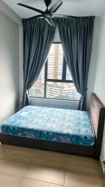 Bedroom features: queen-size bed with mattress, grey upholstered headboard, floor-to-ceiling window, grey curtains, light-colored wall, tile flooring, ceiling fan with light, city view; style: modern; view: city.