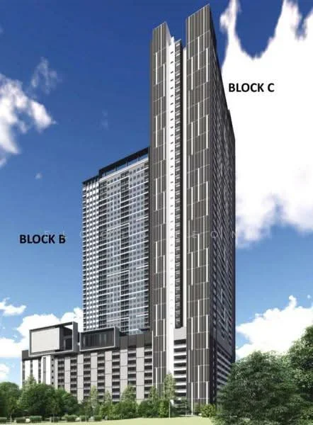 Exterior type: high-rise condominium; features: glass curtain wall, vertical fins, projecting balconies, manicured landscaping, surrounded by greenery, multiple blocks, modern architectural design; style: modern.
