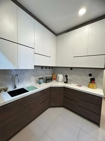 Kitchen features: white flat-panel cabinets, brown lower cabinets, marble countertop, single-bowl stainless-steel sink, chrome pull-down faucet, built-in microwave, toaster, kettle, coffee machine, tile backsplash, recessed downlights, ceramic tile flooring; style: modern.