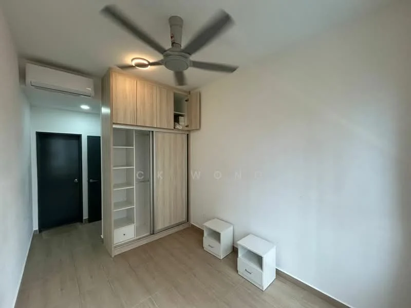 Bedroom features: light wood laminate flooring, white painted walls, built-in wardrobe with sliding doors, ceiling fan, wall-mounted air conditioning unit, two small bedside tables, black door, natural light from window; style: modern.