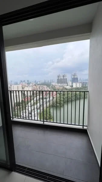 Room features: balcony with railing, sliding glass door, grey tiled flooring, city skyline view, water view; style: modern; view: city.