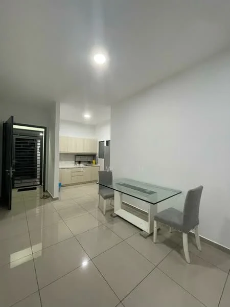 Dining features: glass dining table, upholstered dining chairs in grey, white sideboard, white painted walls, tile flooring, recessed LED downlights, open layout to kitchen, kitchen visible in background; style: modern. Kitchen features: light wood cabinetry, stainless-steel fridge, built-in oven, countertop with sink, kitchen island, open shelving, tile backsplash, ceramic tile flooring; style: modern.