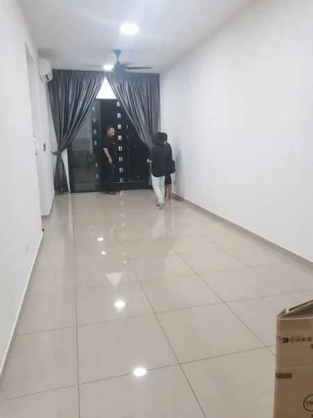 Room features: white painted walls, glossy ceramic tile flooring, ceiling fan, floor-to-ceiling windows, sheer curtains, double-door entrance, neutral color scheme, open layout; style: modern.