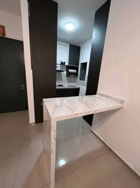 Kitchen features: marble countertop, white walls, black accent wall, built-in kitchen cabinetry, stainless-steel gas hob, oven, recessed ceiling lights, glossy tile flooring; style: modern.