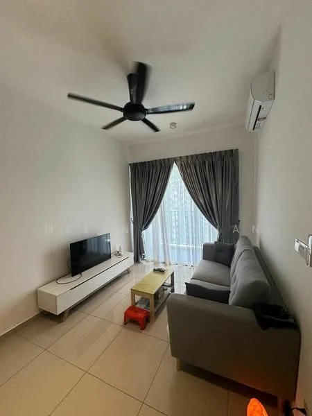 Living features: grey fabric sofa, white TV console, wall-mounted TV, coffee table, 5-blade ceiling fan, floor-to-ceiling windows, sheer curtains, dark grey curtains, tile flooring, air conditioning unit; style: modern; view: city.
