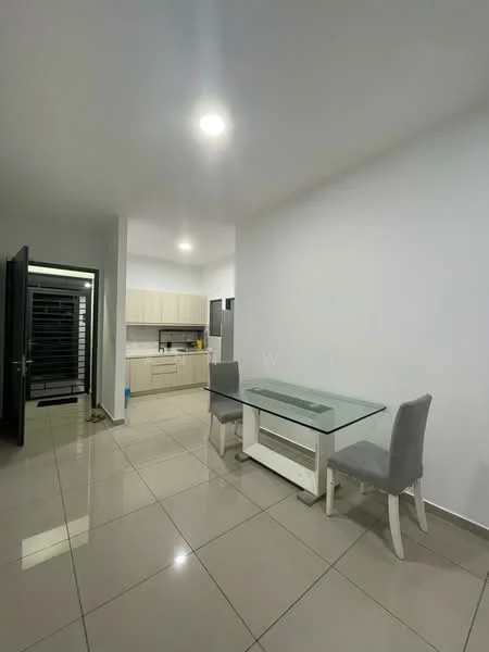 Dining features: glass dining table, 2 upholstered dining chairs in grey, white sideboard, white painted walls, tile flooring, recessed downlights, open kitchen layout, kitchen cabinetry visible in background, stainless-steel refrigerator visible in background; style: modern. Room features: white painted walls, tile flooring, recessed downlights.