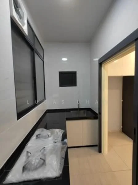 Room features: black granite countertop, light-colored cabinetry, single-bowl stainless-steel sink, chrome faucet, white painted walls, tile flooring, window with black frame, recessed ceiling light, air conditioning unit, doorway leading to another room; style: modern.