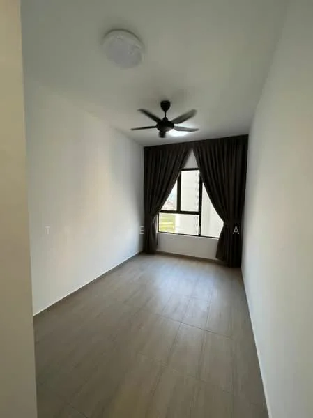 Room features: white painted walls, wooden flooring, 5-blade ceiling fan, floor-to-ceiling window, dark brown curtains, natural light, neutral color scheme; style: modern; view: city.