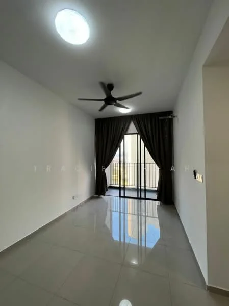 Room features: white painted walls, glossy ceramic tile flooring, 5-blade ceiling fan, floor-to-ceiling windows, blackout curtains, natural light from windows, sliding glass door, neutral color scheme; style: modern.