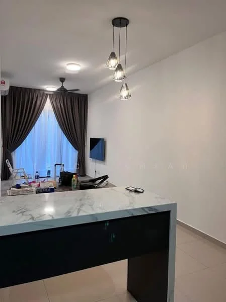 Living features: grey painted walls, marble countertop, recessed ceiling lights, 3-blade ceiling fan, floor-to-ceiling windows, sheer curtains, dark wood cabinetry, tile flooring, wall-mounted TV, decorative pendant lights; style: modern.