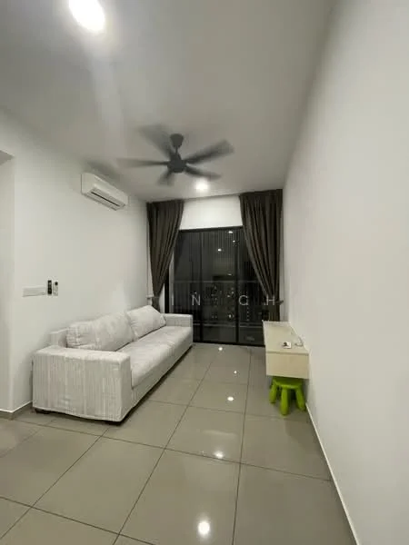 Living features: white fabric sofa, ceiling fan, wall-mounted split AC, floor-to-ceiling windows, blackout curtains, light-colored wall, glossy tile flooring, small console table, green stool; style: modern.