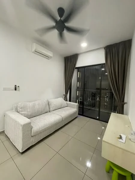 Living features: 3-seater fabric sofa in white, 1 wall-mounted split AC, floor-to-ceiling windows, blackout curtains, light-colored wall, glossy tile flooring, ceiling fan with 3 blades, small side table with green legs; style: modern.