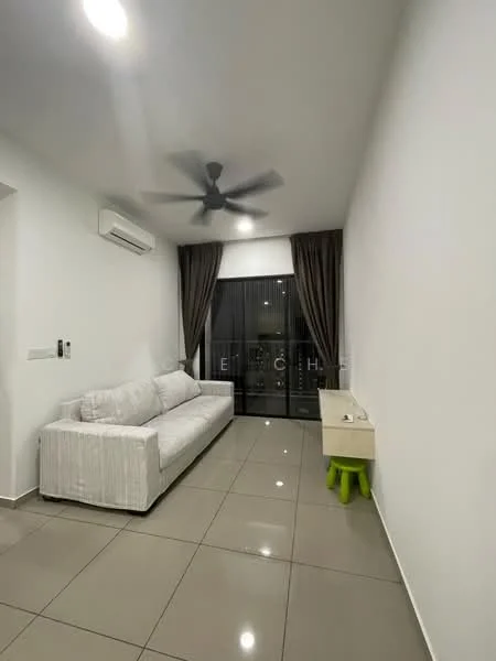 Living features: 3-seater fabric sofa in white, ceiling fan, wall-mounted split AC, floor-to-ceiling windows, blackout curtains, light-colored side table, glossy tile flooring, white painted walls; style: modern; view: city.
