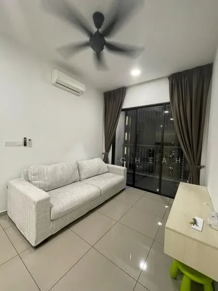 Living features: 3-seater fabric sofa in white, ceiling fan, wall-mounted split AC, floor-to-ceiling windows, sliding glass door, curtains in dark brown, glossy tile flooring, light-colored accent wall, console table in light wood; style: modern.
