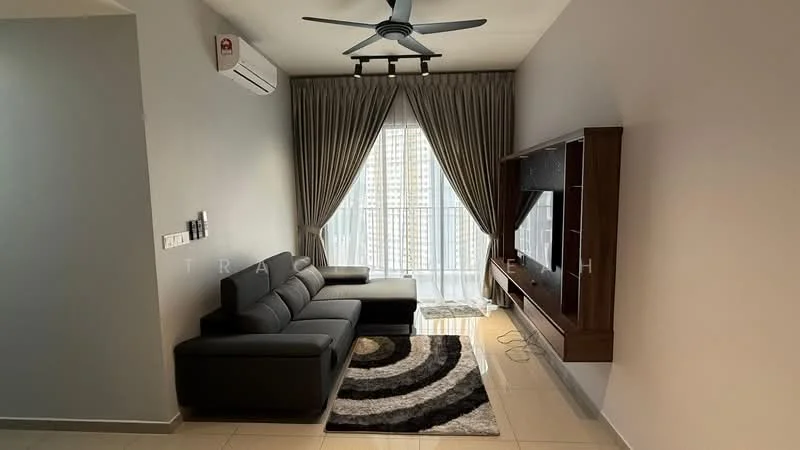 Living features: 3-seater fabric sofa in grey, area rug with geometric pattern in black and white, wall-mounted TV, TV console with wooden finish, floor-to-ceiling windows, sheer curtains, 5-blade ceiling fan with light, cream painted walls, tile flooring; style: modern; view: city.