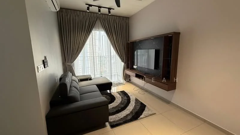 Living features: 3-seater fabric sofa in grey, coffee table, wall-mounted TV, TV console with wood finish, area rug with geometric pattern, floor-to-ceiling windows, sheer curtains, recessed downlights, ceiling fan, cream painted walls, tile flooring; style: modern; view: city.