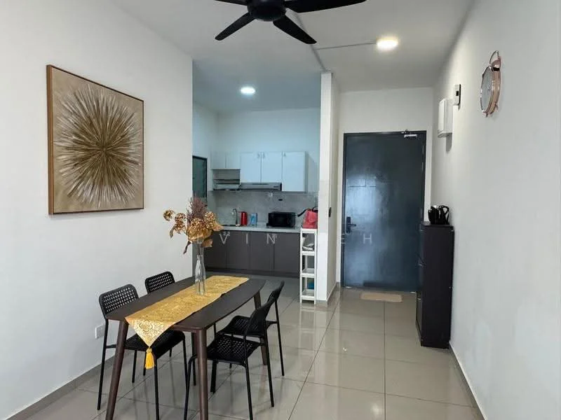 Dining features: 4-seater dining table, black dining chairs, decorative wall art with gold accents, grey tiled flooring, ceiling fan, wall clock, kitchen area visible in background, black cabinet, kettle on cabinet; style: modern. Kitchen features: white cabinetry, grey countertop, stainless-steel sink, built-in stove, microwave, open shelving, tile backsplash; style: modern.
