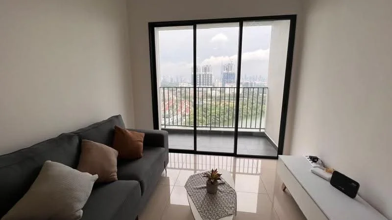 Living features: grey fabric sofa, decorative cushions, coffee table, floor-to-ceiling sliding glass door, city skyline view, white painted walls, glossy tile flooring, wall-mounted speaker; style: modern; view: city.