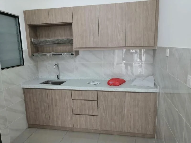 Kitchen features: laminate cabinetry in light wood finish, white quartz countertop, single-bowl stainless-steel sink, chrome pull-down faucet, tile backsplash in light grey, ceramic tile flooring, under-cabinet lighting, open shelving above countertop; style: modern.