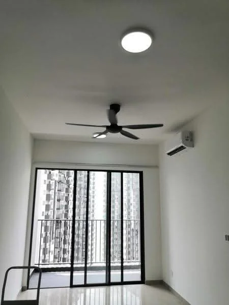 Room features: white painted walls, polished tile flooring, 5-blade ceiling fan, recessed ceiling light, floor-to-ceiling windows, sliding glass door, balcony with railing, wall-mounted split AC; style: modern; view: city.