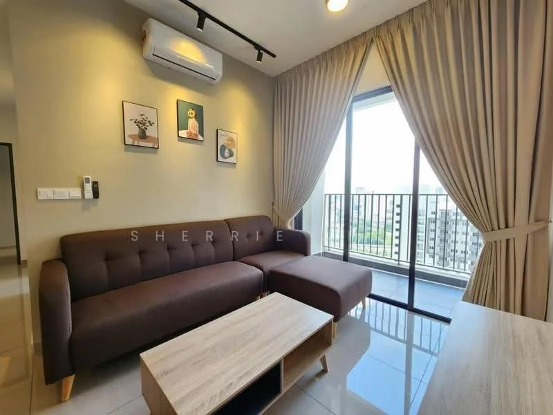 Living features: 3-seater fabric sofa in brown, wooden coffee table, floor-to-ceiling windows, sheer curtains, wall-mounted air conditioning unit, recessed downlights, light-colored walls, glossy tile flooring, decorative wall art; style: modern; view: city.