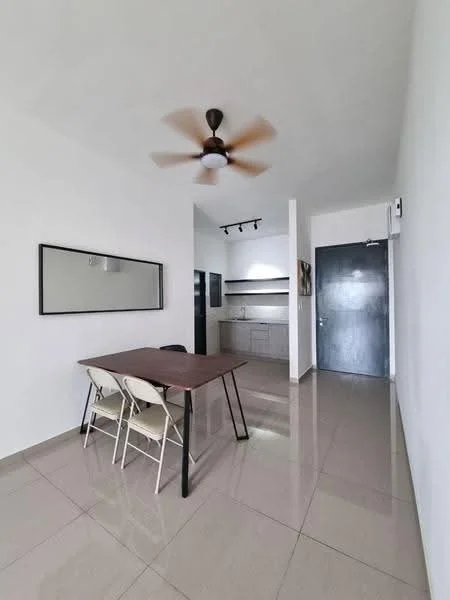 Dining features: dining table with dark wood surface, 3 folding chairs, white painted walls, glossy tile flooring, ceiling fan with 5 blades, recessed lighting, mirror on wall, open layout to kitchen, doorway to hallway; style: modern. Kitchen features: grey cabinetry, stainless-steel fridge, black countertop, wall-mounted shelves, kitchen sink, built-in oven, cooktop, light fixtures above countertop; style: modern.