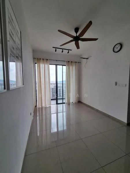Living features: white painted walls, glossy ceramic tile flooring, 5-blade ceiling fan with light, floor-to-ceiling sliding glass door, sheer curtains, track lighting, wall clock, balcony view; style: modern; view: city.