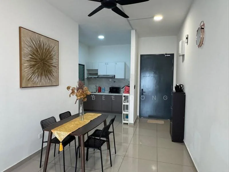 Dining features: 4-seater dining table, black dining chairs, gold table runner, framed wall art with sunburst design, grey tiled flooring, white painted walls, ceiling fan, wall-mounted intercom, black cabinet, kitchen area visible in background; style: modern.