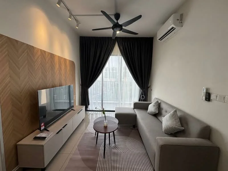 Living features: grey fabric sofa, 2 decorative cushions, round coffee table, wall-mounted TV, TV console with storage, ceiling fan with light, floor-to-ceiling windows, sheer curtains, air conditioning unit, wood accent wall with herringbone pattern, area rug with circular pattern; style: modern.