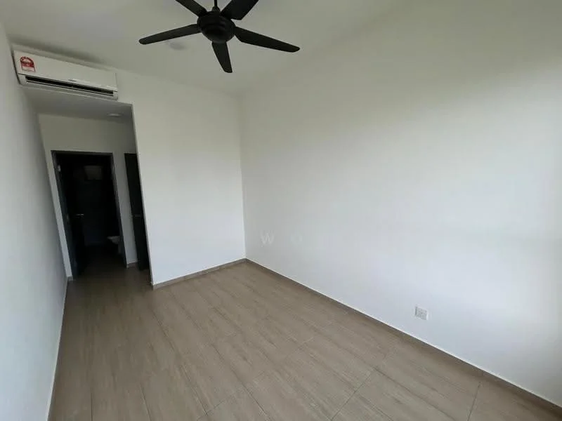 Room features: white painted walls, tile flooring, 5-blade ceiling fan, wall-mounted split AC, doorway leading to another room, neutral color scheme; style: modern.
