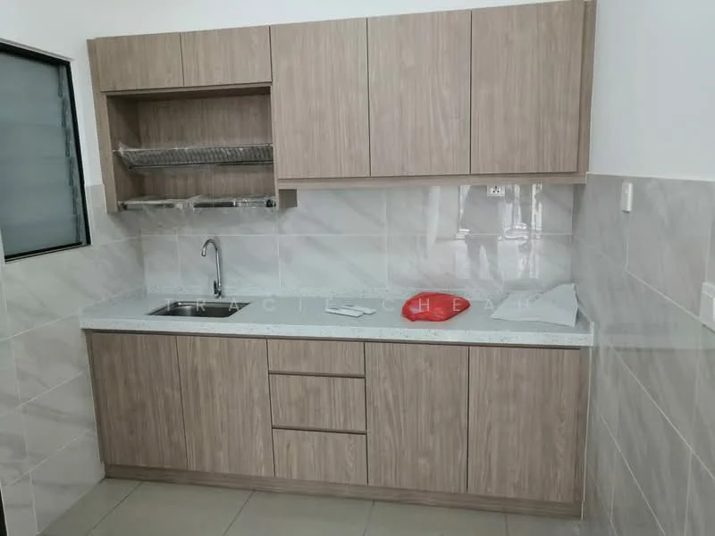 Kitchen features: laminate cabinetry in light wood finish, white quartz countertop, single-bowl stainless-steel sink, chrome pull-down faucet, wall-mounted open shelving, grey ceramic tile backsplash, grey ceramic tile flooring, under-cabinet lighting; style: modern.