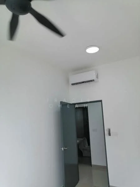 Room features: white painted walls, ceiling fan, recessed ceiling light, wall-mounted split AC, door with handle, tile flooring.