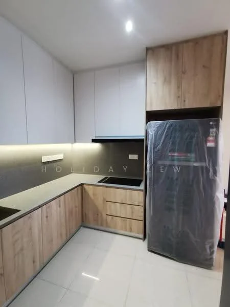 Kitchen features: L-shaped kitchen layout, white cabinetry with flat-panel design, wooden cabinetry with natural finish, black countertop, built-in sink, stainless-steel fridge, under-cabinet lighting, ceramic tile flooring, recessed ceiling lights; style: modern.