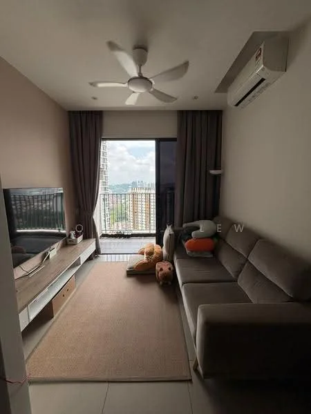 Living features: 3-seater fabric sofa in grey, coffee table, wall-mounted TV, TV console, area rug, 5-blade ceiling fan, wall-mounted split AC, floor-to-ceiling windows, curtains, decorative cushions, neutral painted walls, light-colored flooring; style: modern; view: city.