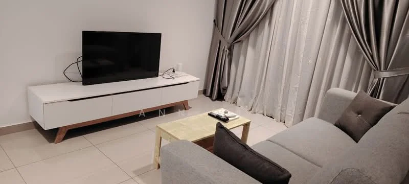 Living features: grey fabric sofa, wooden coffee table, white TV console with wooden legs, wall-mounted flat-screen TV, floor-to-ceiling curtains in grey, neutral painted walls, tile flooring, decorative items on coffee table; style: modern.