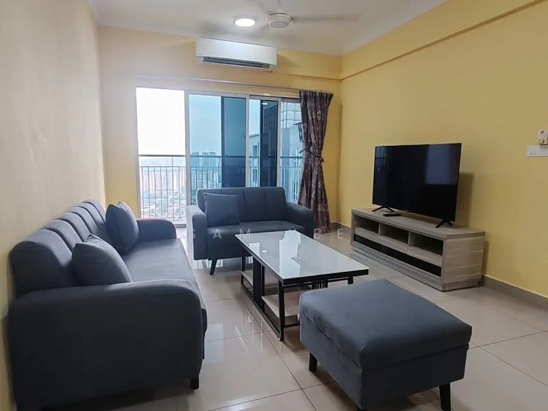 Living features: grey fabric 3-seater sofa, grey fabric 2-seater sofa, glass coffee table, TV console with storage, wall-mounted TV, floor-to-ceiling windows, curtains with floral pattern, light-colored tiled flooring, ceiling-mounted air conditioning unit, ceiling fan; style: modern; view: city.